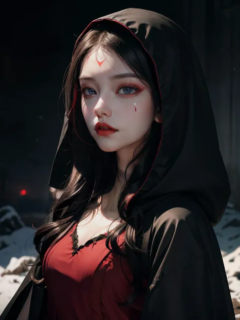 The Princess donned a dark red dress, its color bordering on black. Her hood concealed her face, leaving only her piercingly white complexion as a contradistinction. Lips as vibrant as freshly spilled blood adorned her mouth. Her eyes, as dark as the night...