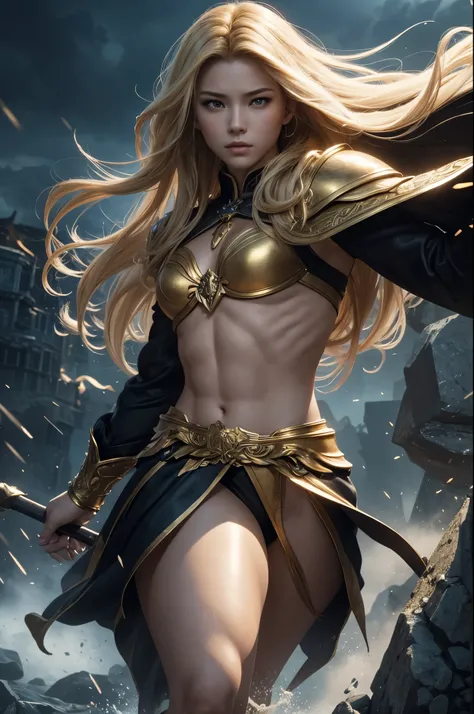 8k、alone、16 year old thunder goddess,Super beautiful(like the real thing),golden eyes,Super beautiful,beautiful blonde,goddess makeup,豪華な黒の小さな胸のsexyなロングドレス,sexy.golden decoration,,Remains,amazing work of art、wind effect:1.9、cloud effect:1.2、thundercloud,vi...