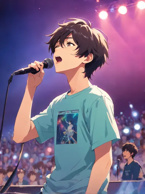 boy、Rock vocalist singing passionately on stage、T-shirt