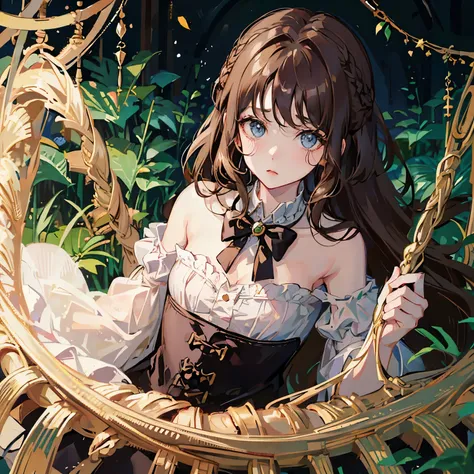 (extremely delicate and beautiful: 1.2), 1girl, fashi-girl, pretty eyes, bow, brown hair, closed mouth, sideways, hair bow, short sleeves, looking at the viewer, long hair, solo, upper body, hazel eyes