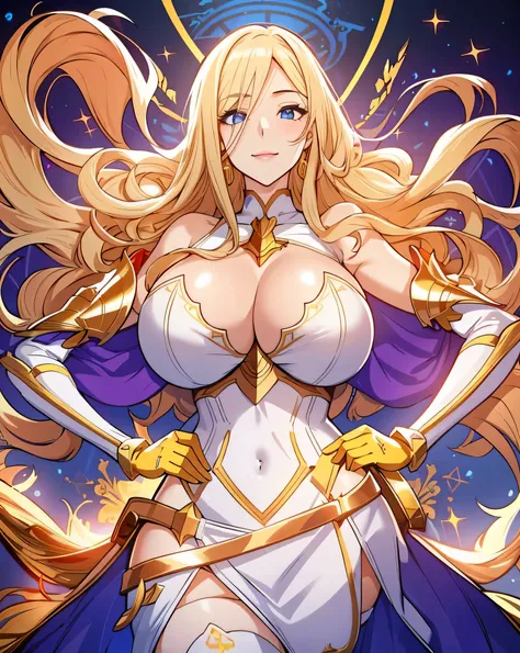 Lian, long blond hair, hair stick, bangs, blue eyes, solo, smiling, standing, upper body, hips, bare shoulders,purple thighhighs, white dress, gold jewelry,armor,gloves,circlet, cleavage, red and gold royal castle, gigantic breasts, (best quality, masterpi...