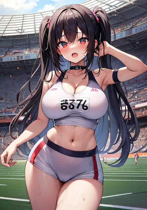 masterpiece、best image quality、ultra high resolution、NSFW、teenage girl with big breasts、twin tail hairstyle、black hair、sweaty body、red face、shyly、mock、Open your mouth just a little、A teenage girl&#39;s sweaty running bra that shows her cleavage、Sweaty runn...