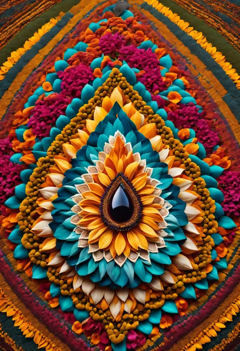 A large teardrop surrounded by dense mandala petals, In the style of National Geographic photography, Exaggerated visual composition and color, bird&#39;s eye view style, groundbreaking color photography, Complex weaving, documentary photography, Vibrant a...