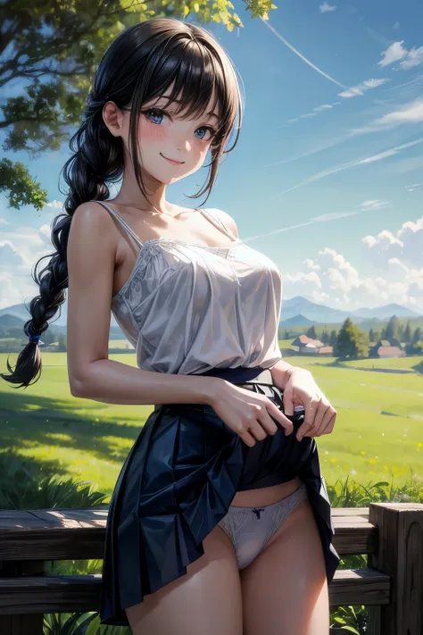 very cute and beautiful girl,(highly detailed beautiful face),
white camisole,standing under big tree,cowboy shot BREAK
 (smile),happy,looking at viewer,(pleated blue mini skirt:1.2),(skirt lift,white panties),
countryside,grassland,hilltop,wooden fence,de...