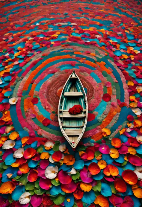 Small boat surrounded by dense mandala petals, In the style of National Geographic photography, Exaggerated visual composition and color, bird&#39;s eye view style, groundbreaking color photography, Complex weaving, documentary photography, Vibrant and exa...