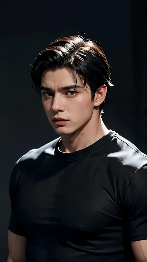 Young Bruce Wayne man black hair, big muscular body, black t-shirt, in a dark room background back side short