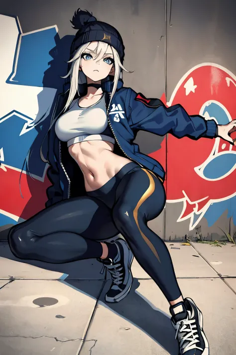 (masterpiece:1.2, best quality), (graffiti wall:1.15), 1lady, beanie, jacket, Leggings, blue eyes, fullbody,