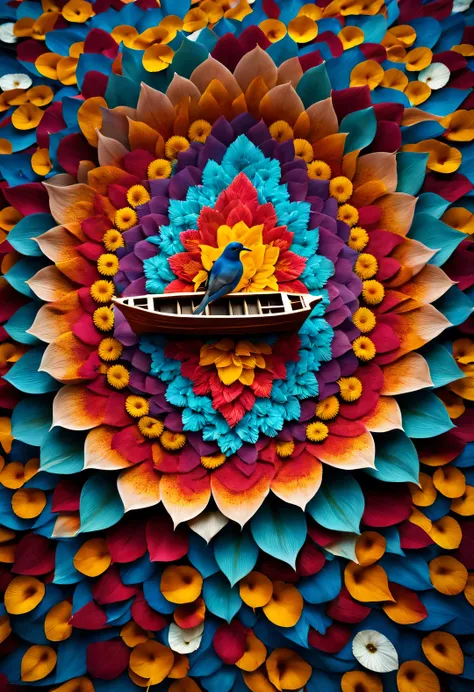 Small boat surrounded by dense mandala petals, In the style of National Geographic photography, Exaggerated visual composition and color, bird&#39;s eye view style, groundbreaking color photography, Complex weaving, documentary photography, Vibrant and exa...