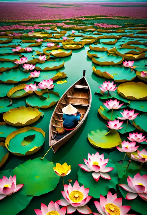 Boat surrounded by lotus flowers, Ten thousand acres of lotus garden, National Geographic photography style, Exaggerated visual composition and color, bird&#39;s eye view, groundbreaking color photography, Complex weaving, documentary photography, Energeti...