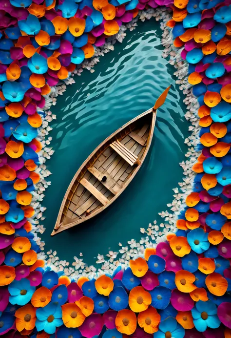 Small boat surrounded by dense mandala petals, In the style of National Geographic photography, Exaggerated visual composition and color, bird&#39;s eye view style, groundbreaking color photography, Complex weaving, documentary photography, Vibrant and exa...