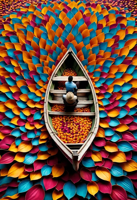 Small boat surrounded by dense mandala petals, In the style of National Geographic photography, Exaggerated visual composition and color, bird&#39;s eye view style, groundbreaking color photography, Complex weaving, documentary photography, Vibrant and exa...