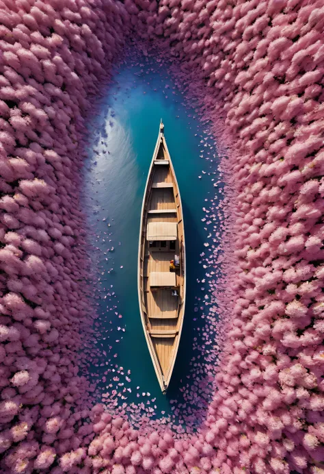 ：A boat surrounded by dense petals, National Geographic photography style,Exaggerate visual composition and color，bird&#39;s eye view style, Pioneer of color photography, Complex weaving, documentary photography, Energetic, exaggerated scenes