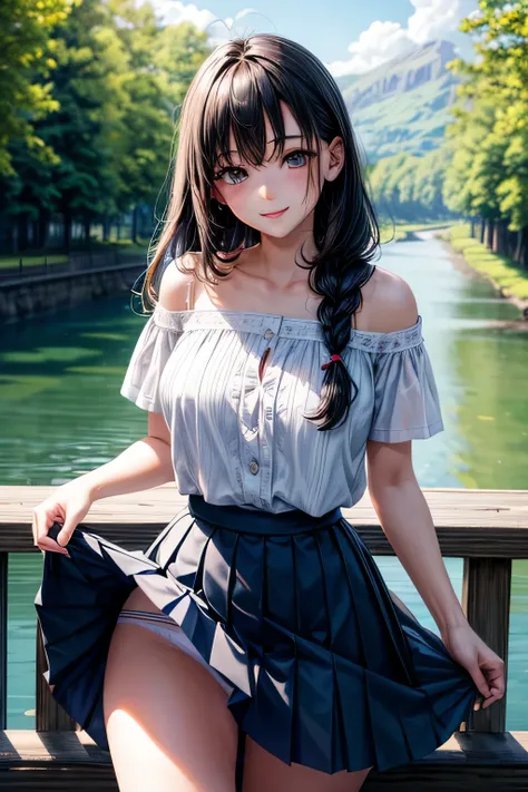 very cute and beautiful girl,(very detailed美しい顔), white camisole,Are standing,Cowboy shot BREAK (smile),Happy,looking at the viewer,(blue pleated mini skirt:1.2),(skirt lift,white panties), countryside,along the narrow river,bridge,wood,summer,detailed lan...