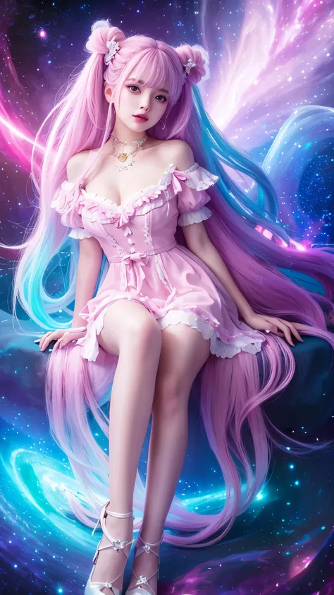 4K Ultra HD, Masterpiece, A girl with a magical aura, Good face, Long hair, shinny hair, Detailed eyes, Glossy lips, Wearing a red Lolita costume, The aura around the body, Magical effect, Spread white light, Cosmic elements and ethereal atmosphere, A mix ...