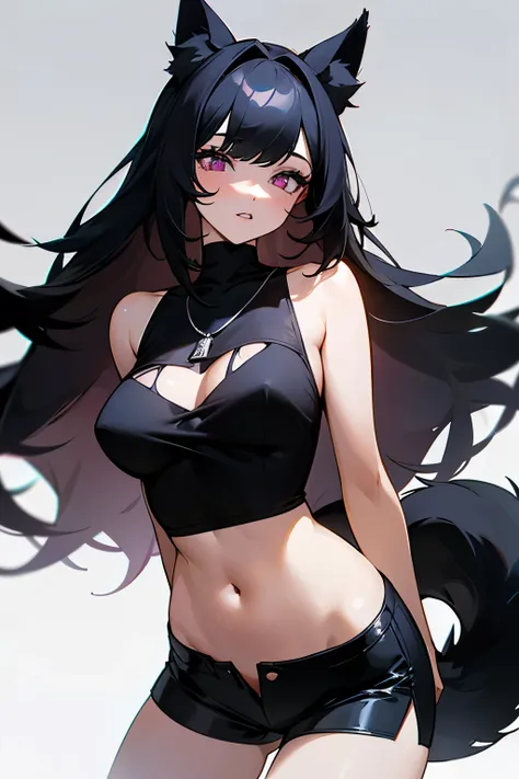 1 girl，long black hair，Qi bangs，light pink eyes，，Perfect body slim curves，big lips，Parted lips，Soft beauty，shy，sexy，Wearing a pure black camisole，Wearing black shorts，Black dog ears，Black dog tail，black necklace，Outer city background，absurd，high resolution...