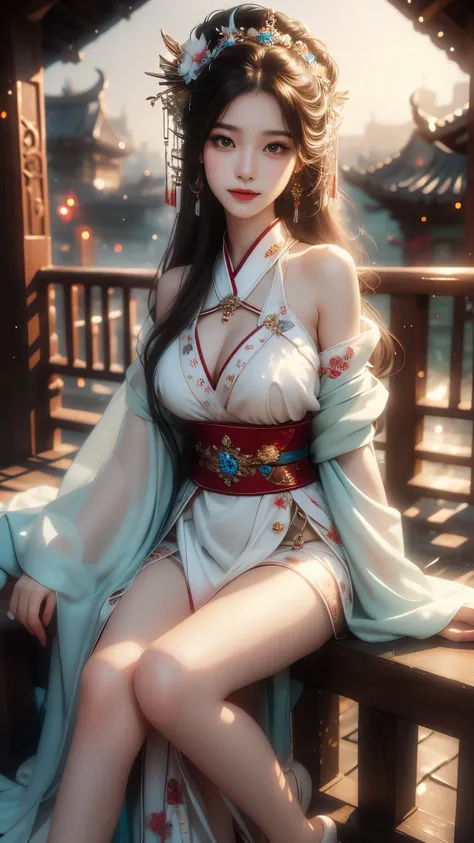 gufeng,bare shoulders, realistic, fashi-girl, red lips, mature female, makeup, Big eyes, Pretty eyes, ((full body)), ((Random shooting angles)), (best quality, masterpiece:1.2), ultra-detailed, (realistic:1.37), ((Sexy long legs)), beautiful, youthful, gla...