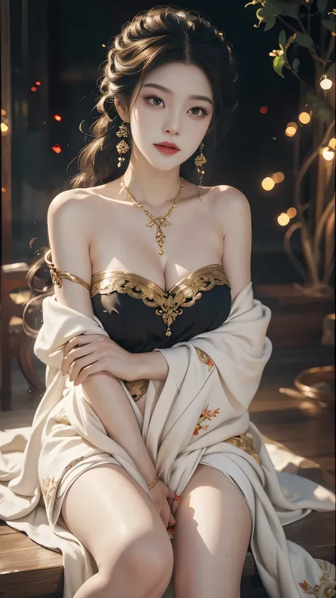 gufeng,bare shoulders, realistic, fashi-girl, red lips, mature female, makeup, Big eyes, Pretty eyes, ((full body)), ((Random shooting angles)), (best quality, masterpiece:1.2), ultra-detailed, (realistic:1.37), ((Sexy long legs)), beautiful, youthful, gla...