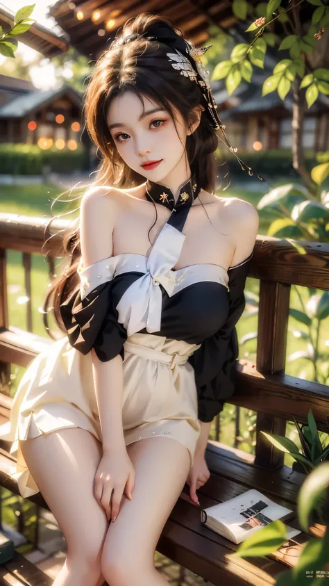 gufeng,bare shoulders, realistic, fashi-girl, red lips, mature female, makeup, Big eyes, Pretty eyes, ((full body)), ((Random shooting angles)), (best quality, masterpiece:1.2), ultra-detailed, (realistic:1.37), ((Sexy long legs)), beautiful, youthful, gla...