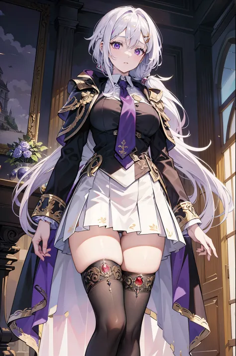 (best quality:1.3), (masterpiece:1.3), (illustration:1.3), (ultra-detailed:1.3), (mid shot:0.9), 1girl, large breasts, purple eyes, (((white hair))), hair ornaments, tall, mature, long hair, indoors, thigh-highs, (low ponytail:1.2), white suit, necktie, bl...