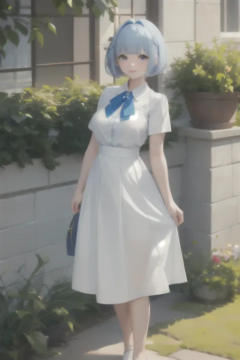 ((highest quality)), ((masterpiece)), (be familiar with),full body image、light blue bob hair、bangs bangs、eyes half open、sharp eyes、white collared shirt、light blue skirt、G cup、24 year old woman、smiling、standing outdoors