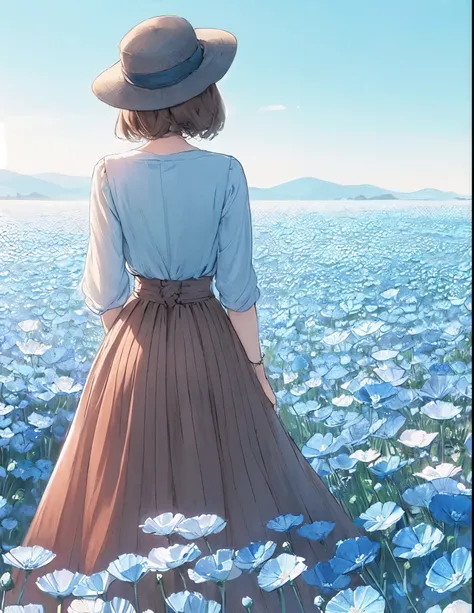 1lady standing, (back of head) (from behind), (stylish outfit) high-waist long skirt, hat, mature female, /(light brown hair/), (masterpiece best quality:1.2) delicate illustration ultra-detailed BREAK (field of Nemophila flowers) outdoors, (Nemophila:1.2)...