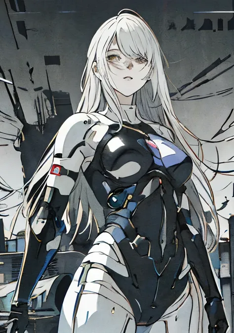 garota anime em preto e branco com armas e uma arma, mechanized valkyrie girl, mecha de garota anime cyberpunk, automatic rim, portrait of a female anime heroine, anime mecha aesthetic, garota de armadura, matar por culpa!, garota anime loira com cabelo co...