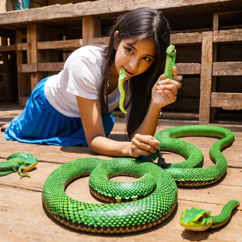 A girl eating snake and lizard and Indian