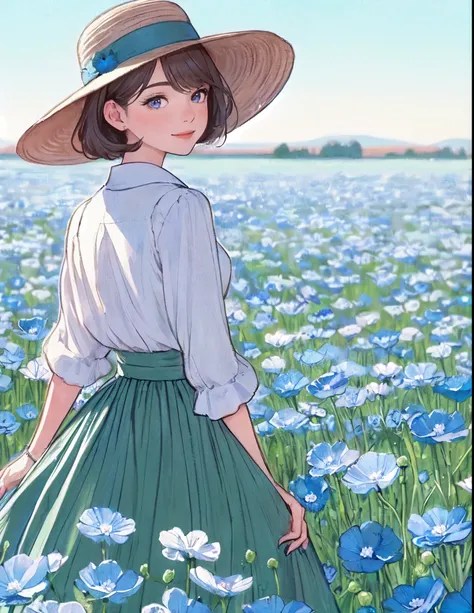 1lady standing, (looking back) (from behind), (stylish outfit) high-waist long skirt, hat, mature female, /(dark brown hair/) bangs, light smile, (masterpiece best quality:1.2) delicate illustration ultra-detailed, medium breasts BREAK (field of Nemophila ...