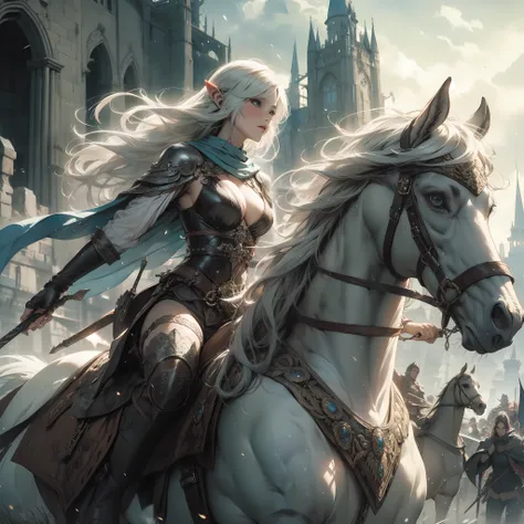 an medium white hair elf woman hunter riding a horse, in the ruined kingdom, fight against demon lord, dynamic ground pov, viewe...