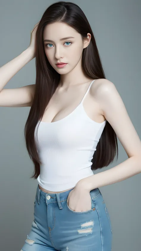 （lifelike， High resolution：1.3）， 1 Girl with perfect body， very pale face and blue eyes，white long hair， random color tank top：1.2， short jeans pants， big breasts，expose cleavage