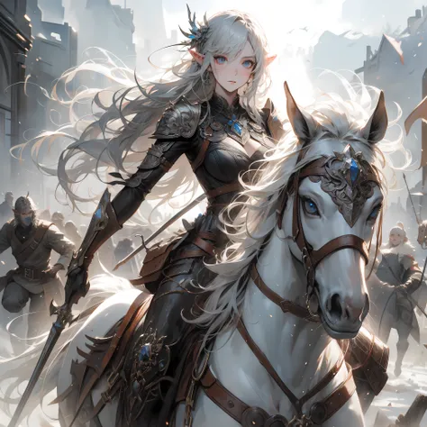 an medium white hair elf woman hunter ((riding)) a horse, medium breast, in the ruined kingdom, fight against demon lord, dynami...