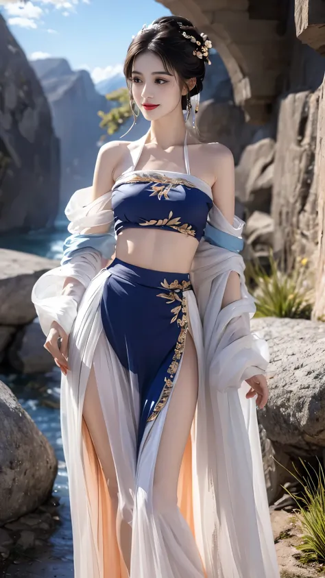 hanfu-song, hanfu, song theme, bandeau, tube top, ((gufeng,bare shoulders)), realistic, fashi-girl, red lips, mature female, makeup, Big eyes, Pretty eyes, ((full body)), ((from below)), (best quality, masterpiece:1.2), ultra-detailed, (realistic:1.37), ((...