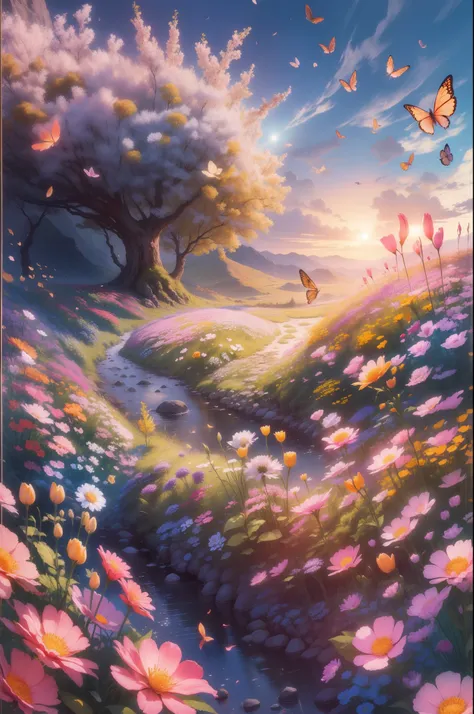 A scene of flowers full of vitality and color。Adopt a dreamlike style of painting，Let the sea of flowers exude a mysterious and charming atmosphere。In this sea of flowers，All kinds of flowers are blooming，As beautiful as walking out of a fairy tale。Under t...