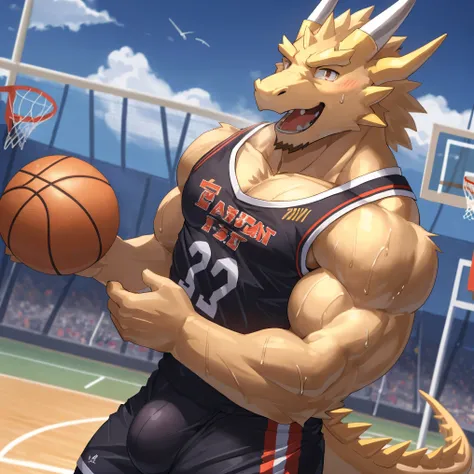 Publaz, (golden dragon), golden fur, two tone, golden eyes, (muscle发达的身体:1.3), perfect eyes, Handsome, nice,(Basketball clothes), (on the playground),(Express), sports field background,(close up),(Happy eyes:1.2),look at screen,(dragon horn),(dragon tail),...