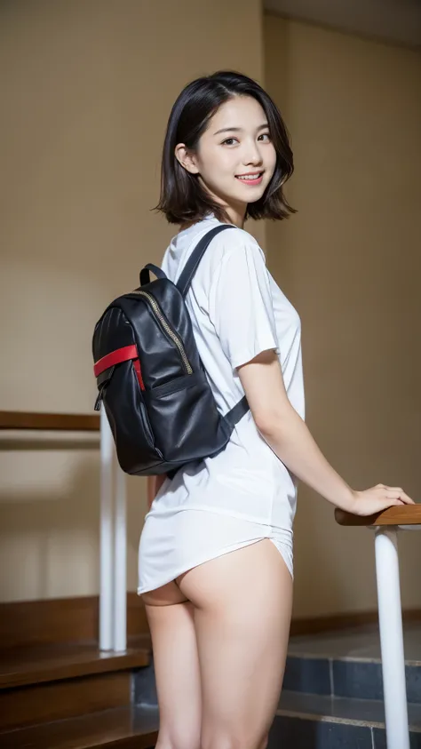 18 year old female high school girl standing on the stairs of school,white shirt,blue and red plaid miniskirt:1.5,best smile,white panties:1.5，blonde with short cut:1.5，Side waves with a short cut，Carrying a black rucksack，butt exposed:1.5，