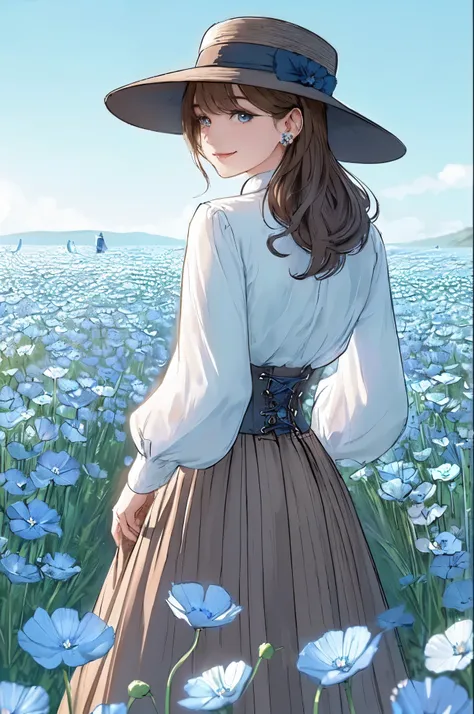 1lady standing, (looking back) (from behind), (stylish outfit) high-waist long skirt, hat, mature female, /(light brown hair/) bangs, light smile, (masterpiece best quality:1.2) delicate illustration ultra-detailed, medium breasts BREAK (field of Nemophila...