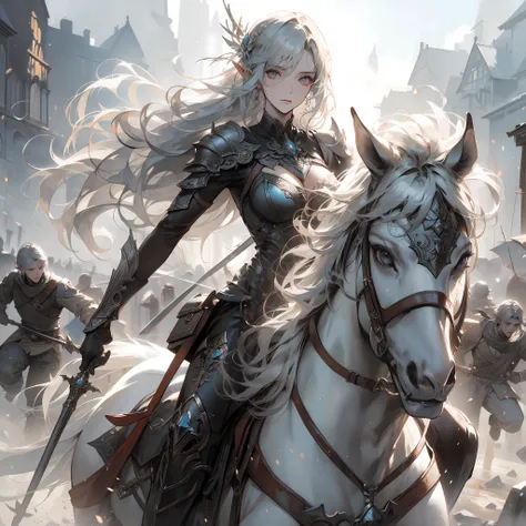 an medium white hair elf woman hunter ((riding)) a horse, medium breast, in the ruined kingdom, fight against demon lord, dynami...