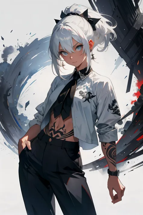 tmasterpiece， shorter pants， tmasterpiece， best qualtiy， High ISO， Dark persona， watercolor painting theme， （looki at viewer： 1.1）， Wide buttock， The large， standing on your feet， curving， tojo koneko， The eye， White hair， short detailed hair， hair adornme...