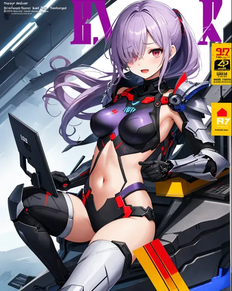 ,1girl,(teen:1.5), (short_ponytail:1.3), (light_whitish_purple_hair:1.3),black_mechanical_armor_parts,white_breasts_parts_red_black_body_suit,bare_shoulder,bare_slender_thighs,medium_breasts,on_the_desk, desk_background,Stinging_eyes,sleepy,thighhigh_greav...