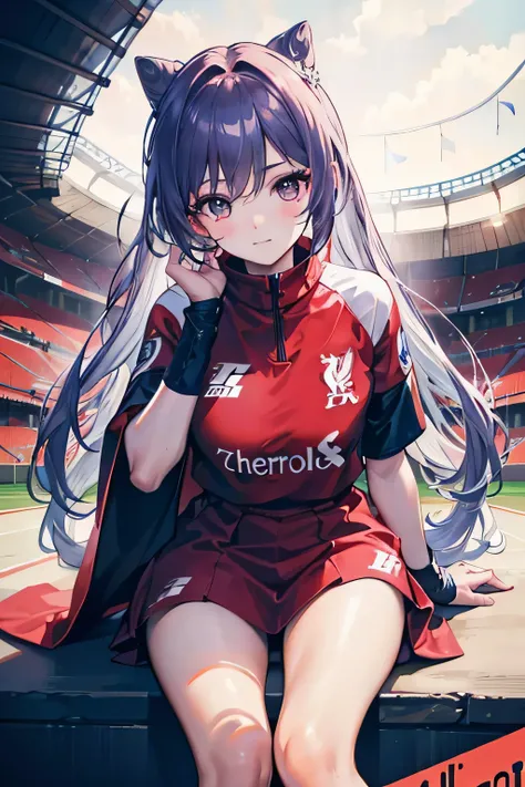 foot to the ball, wearing red Liverpool outwear ,Football stadium background theme ,winning the competition, Smile, 18yo, rough face, high quality, beautiful eyes, (detailed face and eyes), (face: 1 2), noise, extra, real photo, PSD, lamp film photography,...