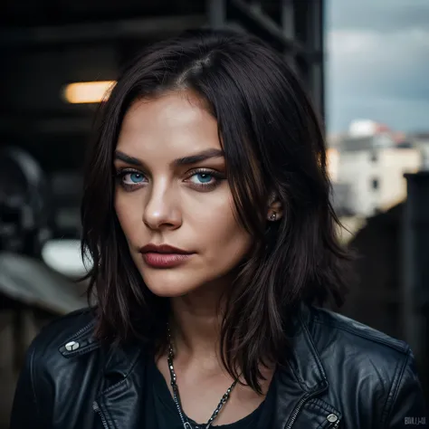 (22 ans, visage innocent, Yeux bleus) Jeune belle fille se cachant dans une atmosphère industrielle brisée,ville post-apocalyptique en ruine, chemise noire en lambeaux, high detail, couleurs noires,( Cyberpunk), Detailed eyes, HDR, 8K, ultra realistic, ven...