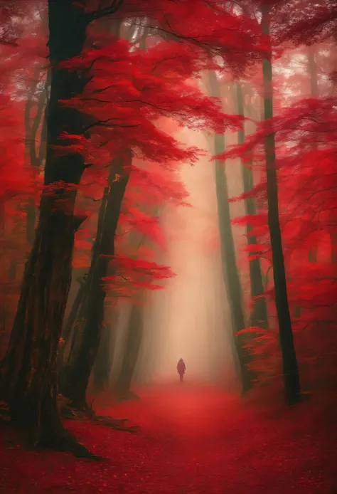 The view of the autumn foliage forest trail, Red Forest, autumn forest, red illuminating fog, in a red dream world, really beautiful forest, Beautiful forest, Beautiful hazy wood, red - toned mist, breath-taking beautiful trees, breath - taking beautiful t...