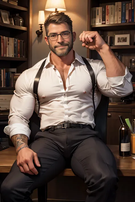 award-winning original photo, a wild muscular man (40 years old daddy:1.1), beards, burly, hunk, black formal shirt, sitting on ...