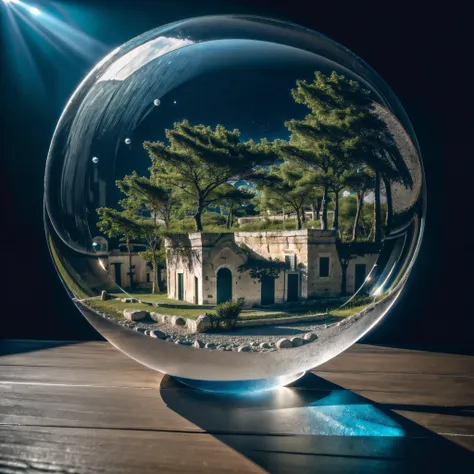 bubblerealm, ((sassi_di_matera trapped in a bubble)). Highly detailed raw shot, atmospheric oliva lighting, on the table, 4k UHD, dark vibes, hyper detailed, vibrant colours forest background, epic composition, octane render, sharp focus, high resolution i...