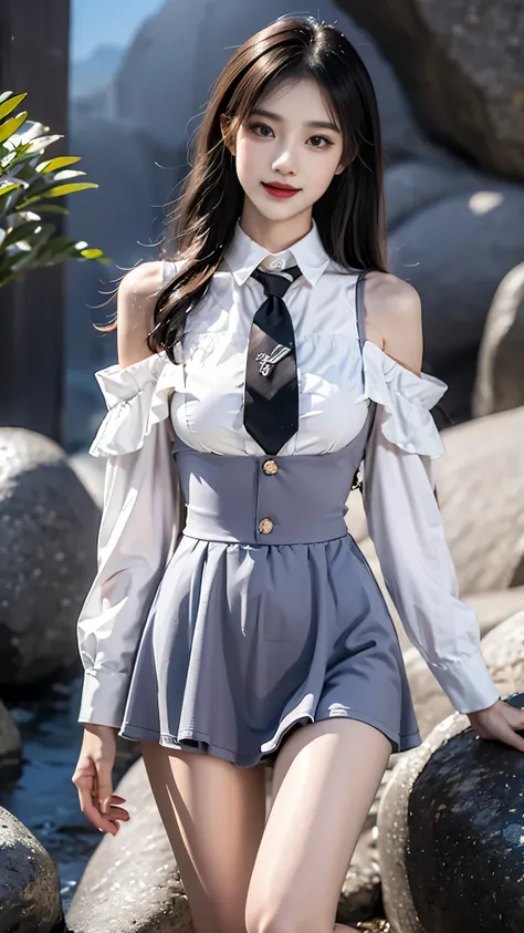 cyb dress, cyb shirt, cyb skirt, necktie, suspender skirt, suspenders, ((gufeng,bare shoulders)), ((full body)), realistic, fashi-girl, red lips, mature female, makeup, Big eyes, Pretty eyes, ((full body)), ((from below)), (best quality, masterpiece:1.2), ...