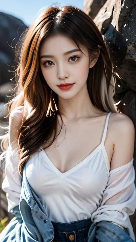 dating attire, ((gufeng,bare shoulders)), ((full body)), realistic, fashi-girl, red lips, mature female, makeup, Big eyes, Pretty eyes, ((full body)), ((from below)), (best quality, masterpiece:1.2), ultra-detailed, (realistic:1.37), ((Sexy long legs)), be...