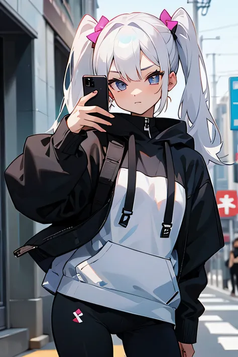 girl with white hair in pigtails, Wearing a black hoodie and black leggings, Taking pictures while holding a cell phone and posing in a V pose on the streets of Tokyo, japan