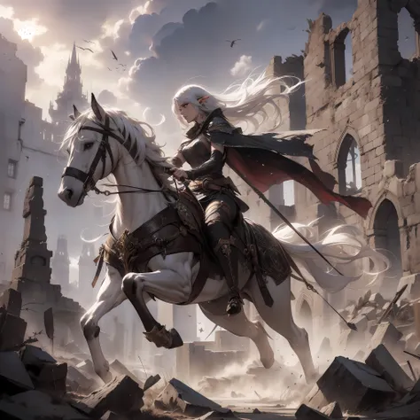 an medium white hair elf woman hunter riding a horse, in the ruined kingdom, fight against demon lord, dynamic ground pov, viewe...