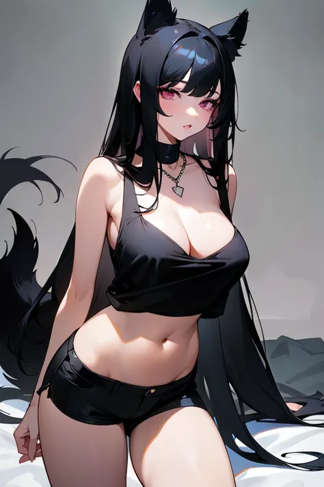 1 girl，long black hair，Qi bangs，light pink eyes，Perfect body slim curves，big lips，Parted lips，Soft beauty，shy，sexy，Wearing a pure black camisole，Wearing black shorts，Black dog ears，Black dog tail，black necklace，Outer city background，absurd，high resolution，...