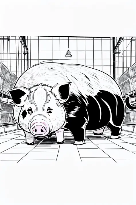 Create a template for a pig farm black and white coloring page in an anime-inspired style of line art
